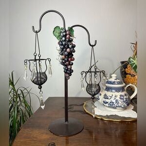 Elegant Black Tea Light Candle Holder with Crystal Dangle Accents & Grapes